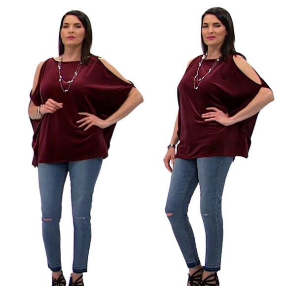 LYSSE Red Cabernet Velvet Caftan Cold Shoulder Blouse Top NWT Plus 1X/2X - Picture 2 of 6